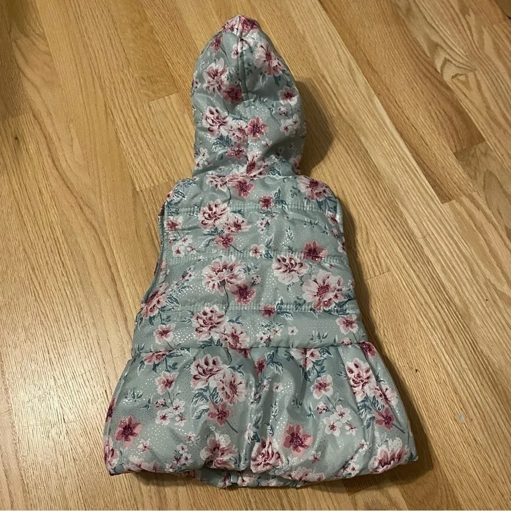 Little Lass Puffer Vest Hooded 4T Blue Floral Fur Lined Kids Girls Pink Ruffle